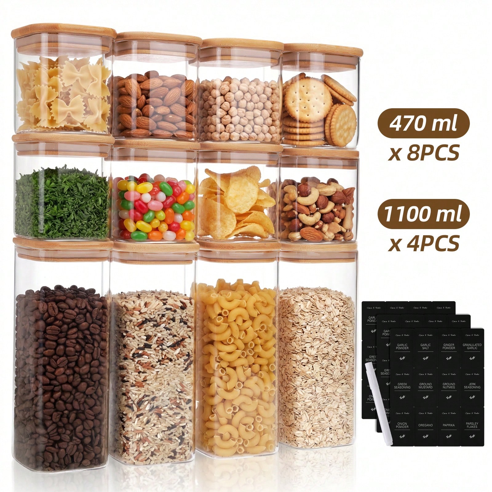 Kitchen Baking Canisters - Tomnk 12-delige glazen voedselopslagcontainers met deksel,